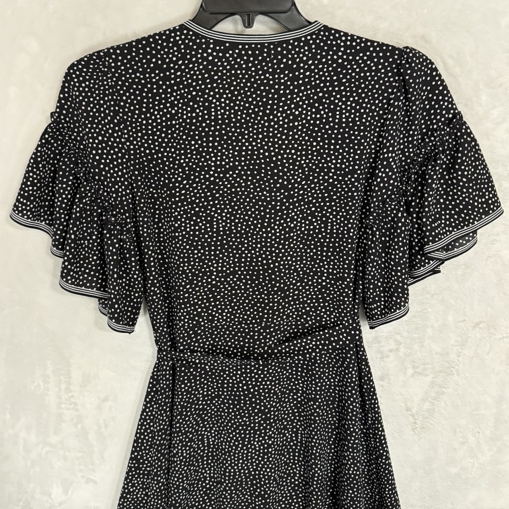 Max Studio True Wrap Dress Size S Black & White Polka Dot Ruffle Sleeve V Neck - Picture 15 of 16